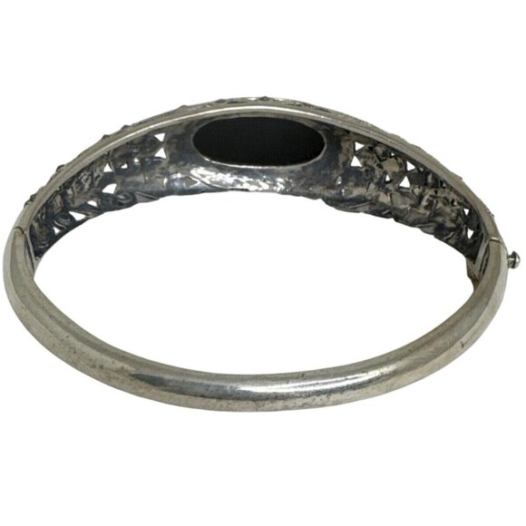 Antique Silver-Tone Filigree Bracelet With Black Onyx Stone Oval Centerpiece - Picture 5 of 6